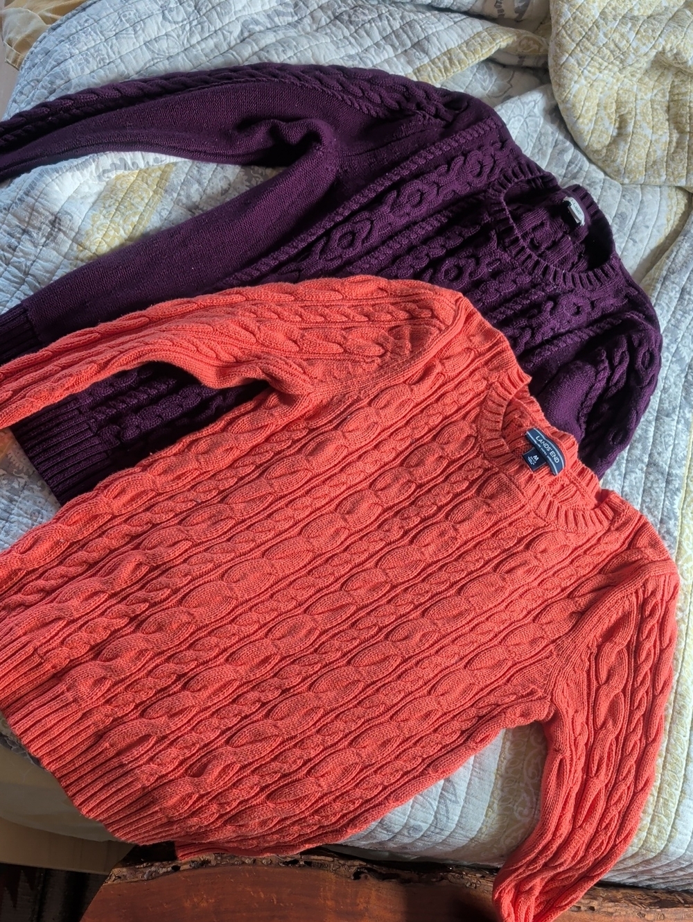 Lands' End And LL Bean BUNDLE Cable-Knit Crewneck Sweaters in Coral and Plum